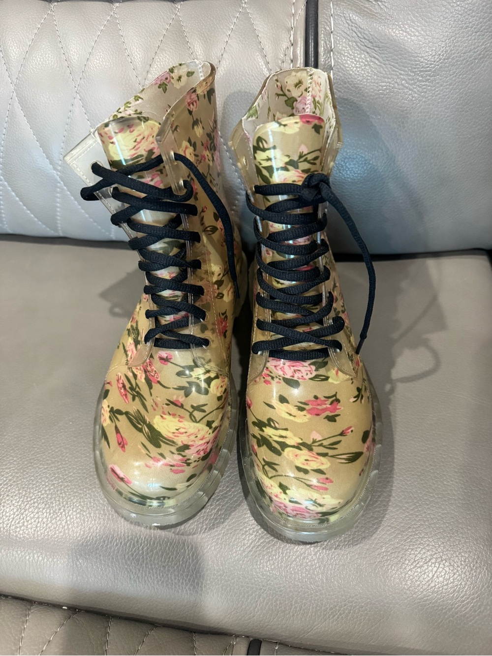 ROCK CANDY Clear Jelly Pink Floral Waterproof Combat Rain Boots 6 - RETAIL $85